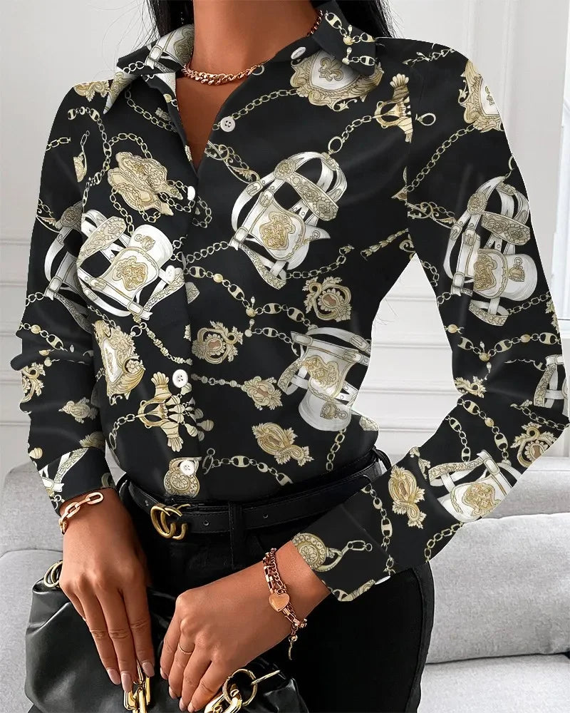 Tamaqua Wild Geometric Square Print Turn-Down Collar Long Sleeve Blouses