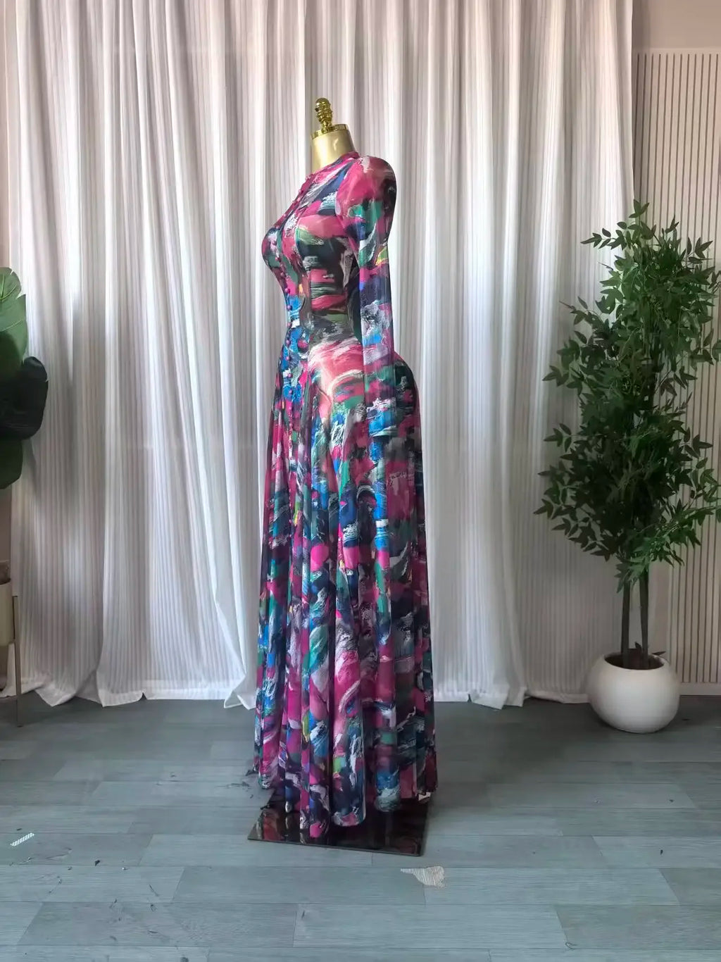 Turkunkan O Neck Long Sleeve Big Swing Tie Dye Print Long Dress