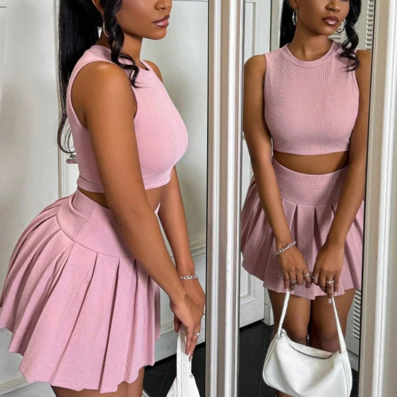 Lola Sleeveless Pleated Suits Slim Two Piece Sets