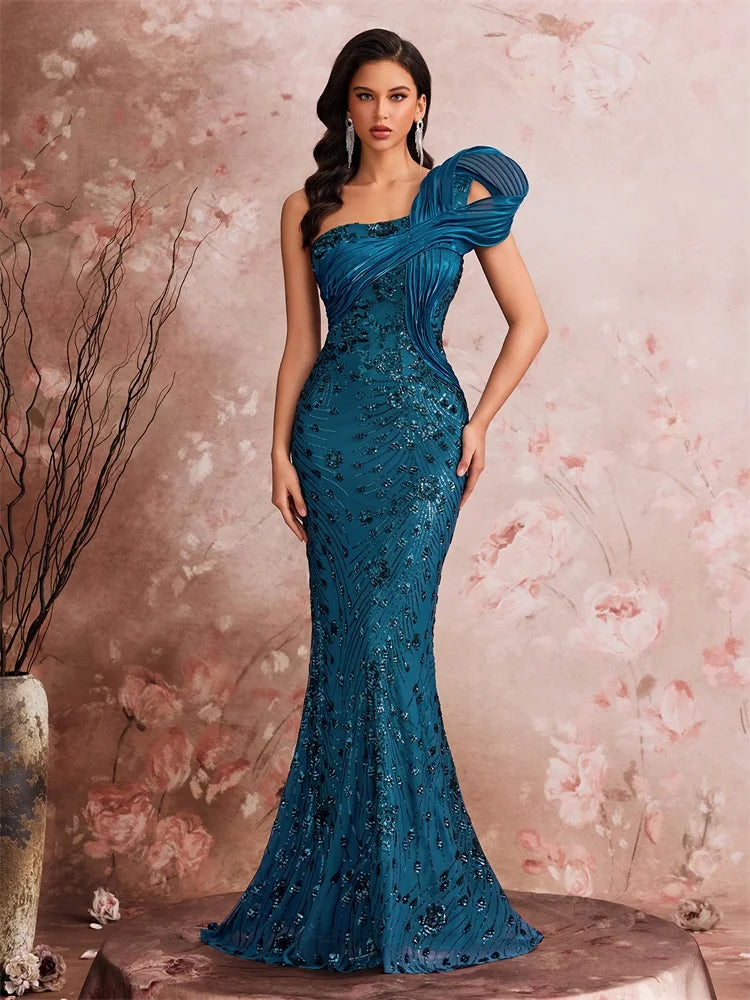 Pocono Luxury Slanted Shoulder Sequins Maxi Evening Dresses