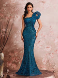 Pocono Luxury Slanted Shoulder Sequins Maxi Evening Dresses