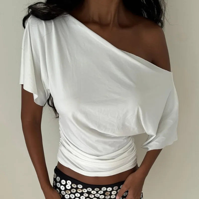 Weequahic One Shoulder Fashion Slim Shrink Sleeve Solid Pullover Tops