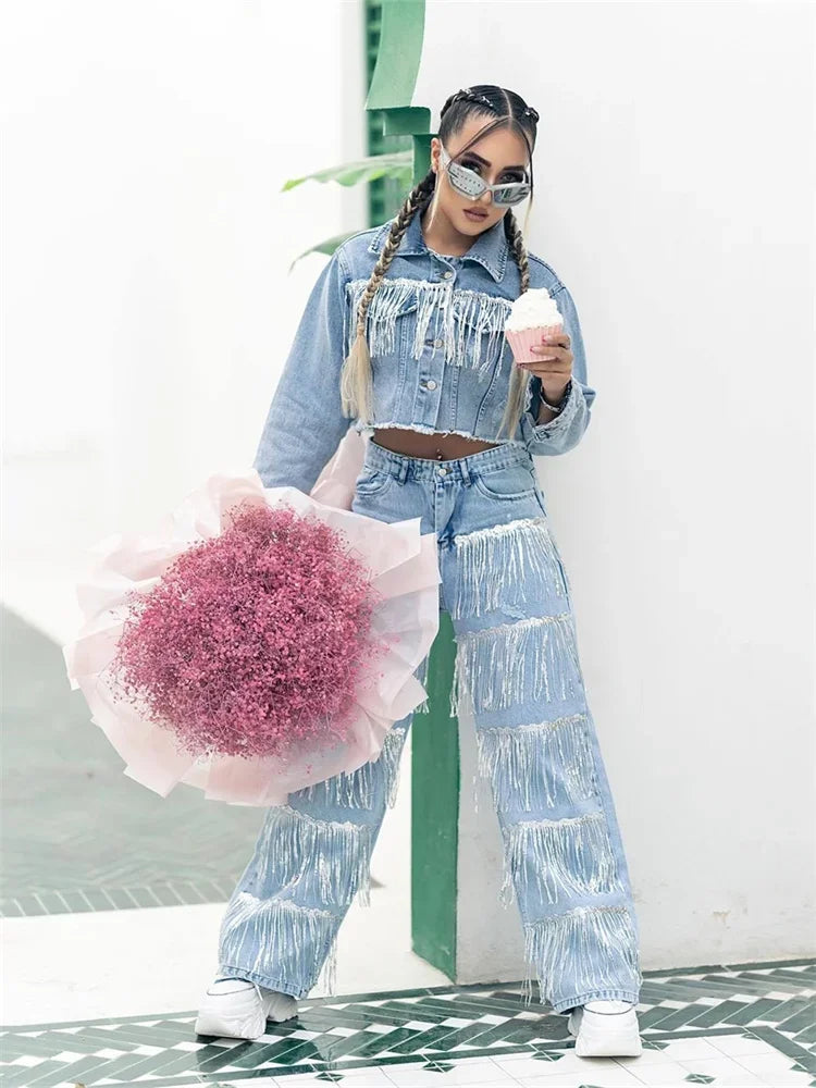 Nazareth High Waist Sequined Tassel Cargo Ripped Streetwear Jeans