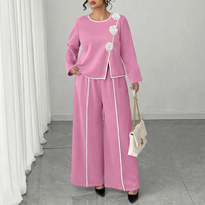 Jade Plus Size Long Sleeve 3D Flower Two Piece Sets