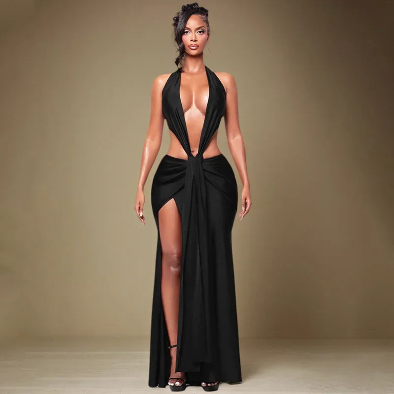 Ancram Hollow Backless Sexy Halter Deep V Neck Sleeveless Ruched Patchwork Dresses