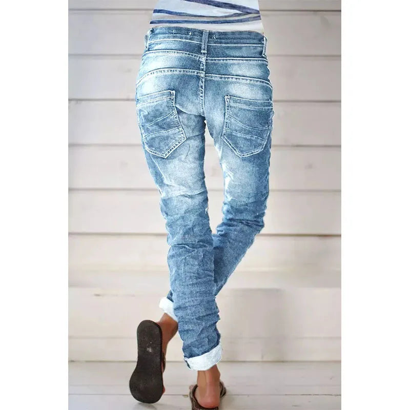 Jeans for Women Drawstring Elastic-waisted Jeans Casual Button Baggy Jeans