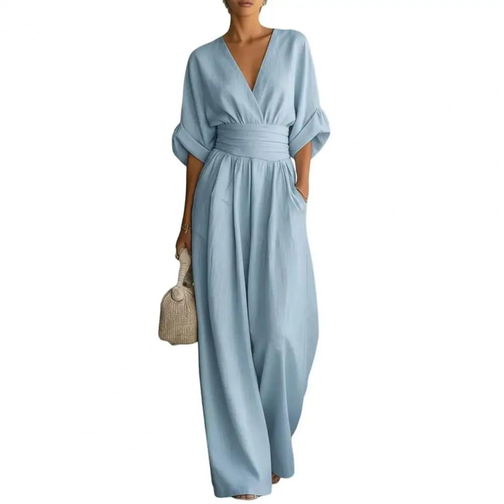 Women's Jumpsuit Fashion High Waist V-neck Casual Jumpsuits Sexy Solid Color Office Wide Leg Trousers Overalls Vacation Outfit