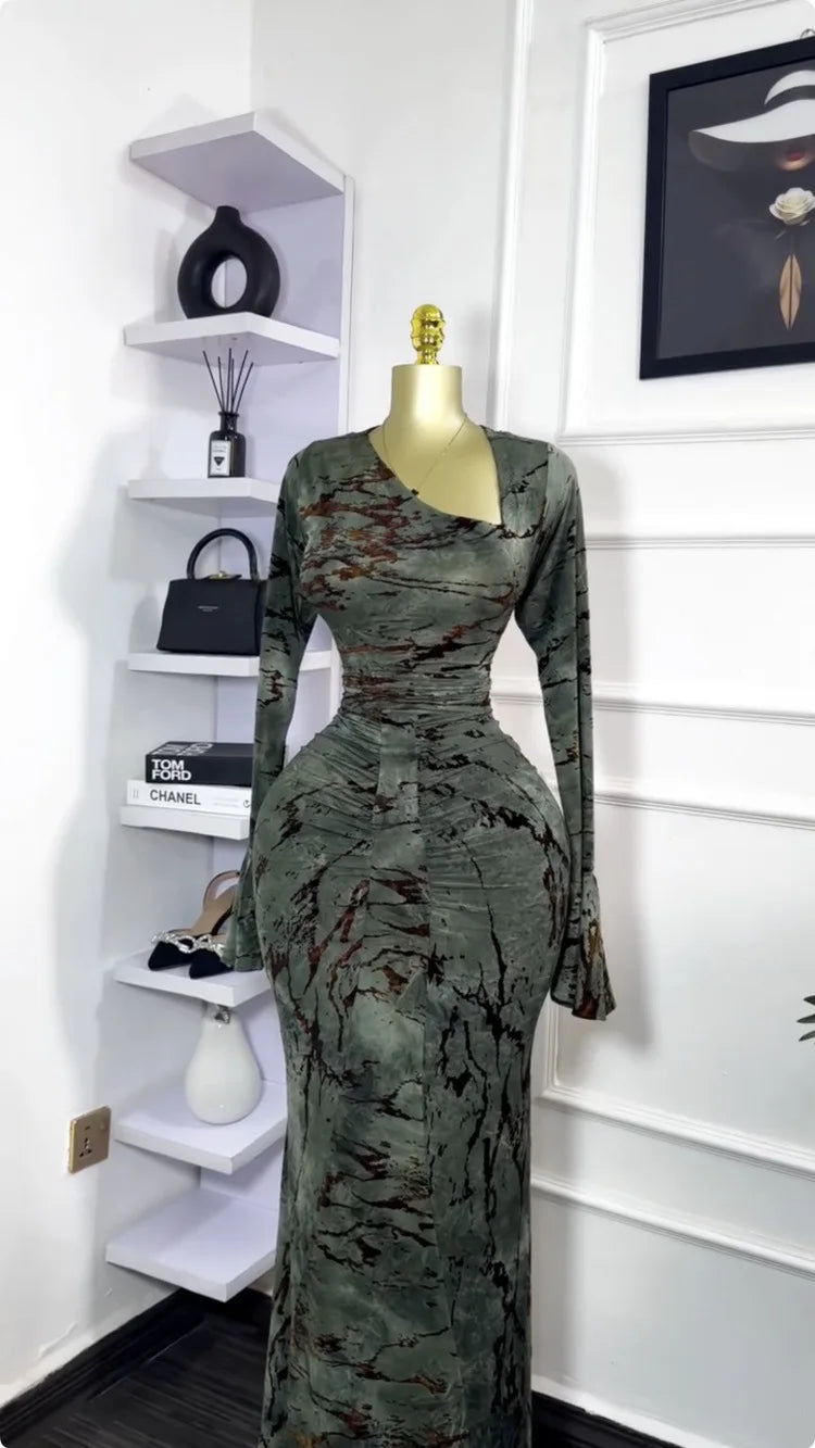 Vermella Printed Skew Neck Flare Long Sleeve Ruched Long Dress