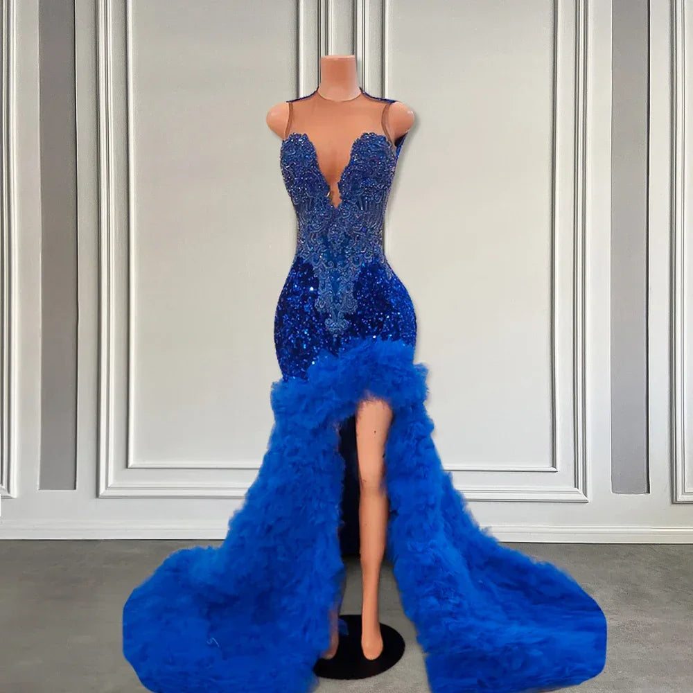 Scotch Plains Blue Crystals Bodice Luxury Tiered Ruffle Sexy High Slit Long Prom Gowns