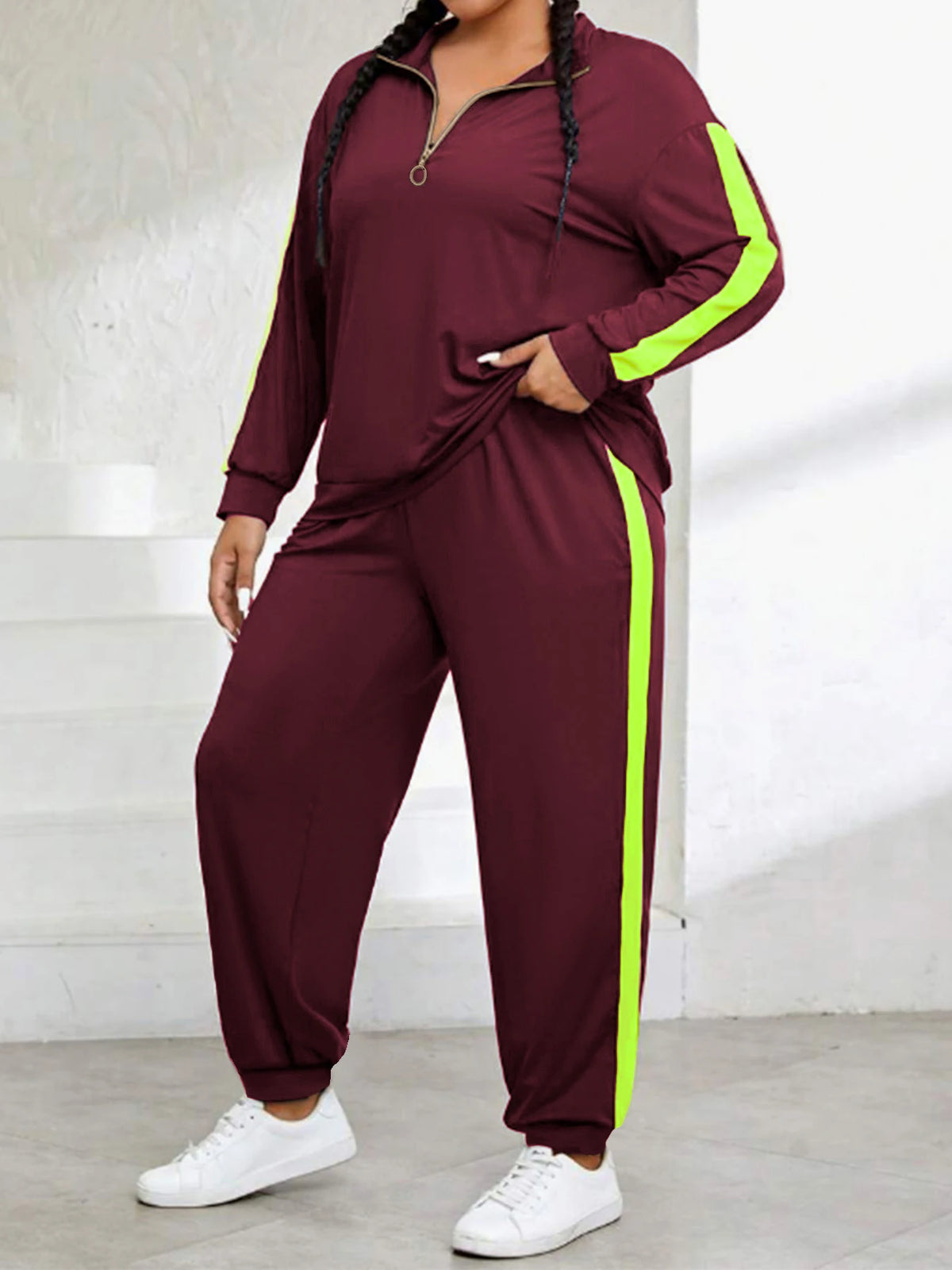 Jackie Plus Size Color Block Zip Front Two Piece Sets