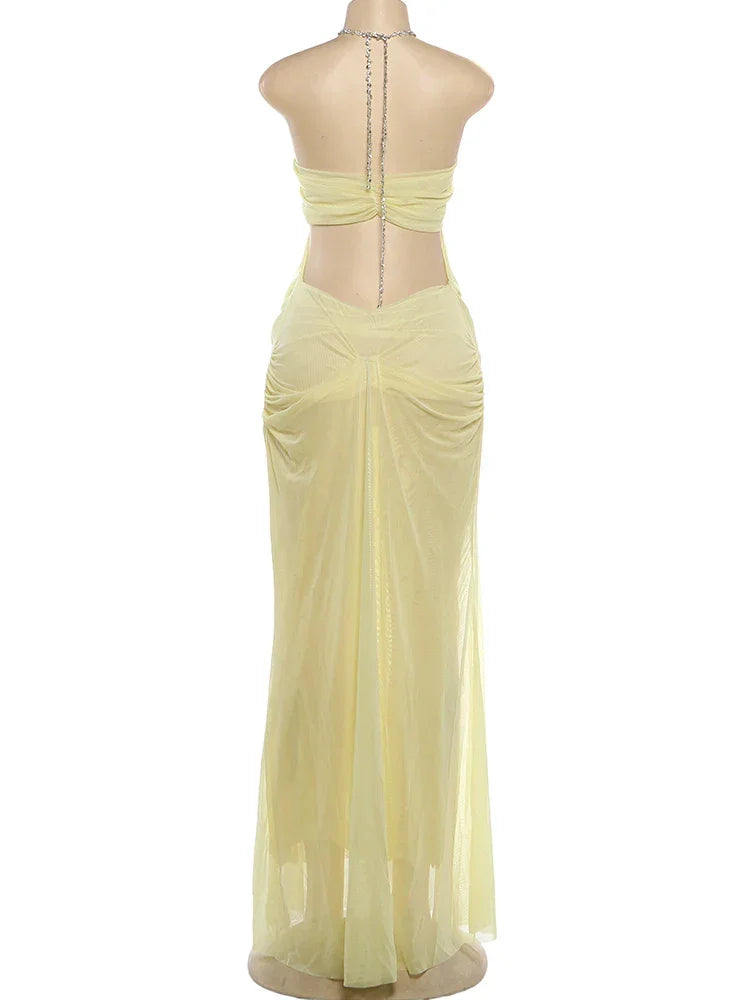 Pine Plains Sexy See Through Luxury Chain Halter Low Neck Backless Dress