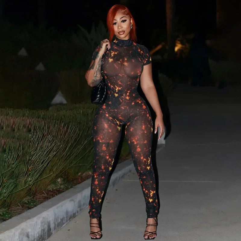 Auburn Hollow Out Playsuits Female Nightout Fashion Mesh Thin Sheer Jumpsuits