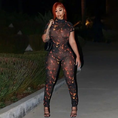 Auburn Hollow Out Playsuits Female Nightout Fashion Mesh Thin Sheer Jumpsuits