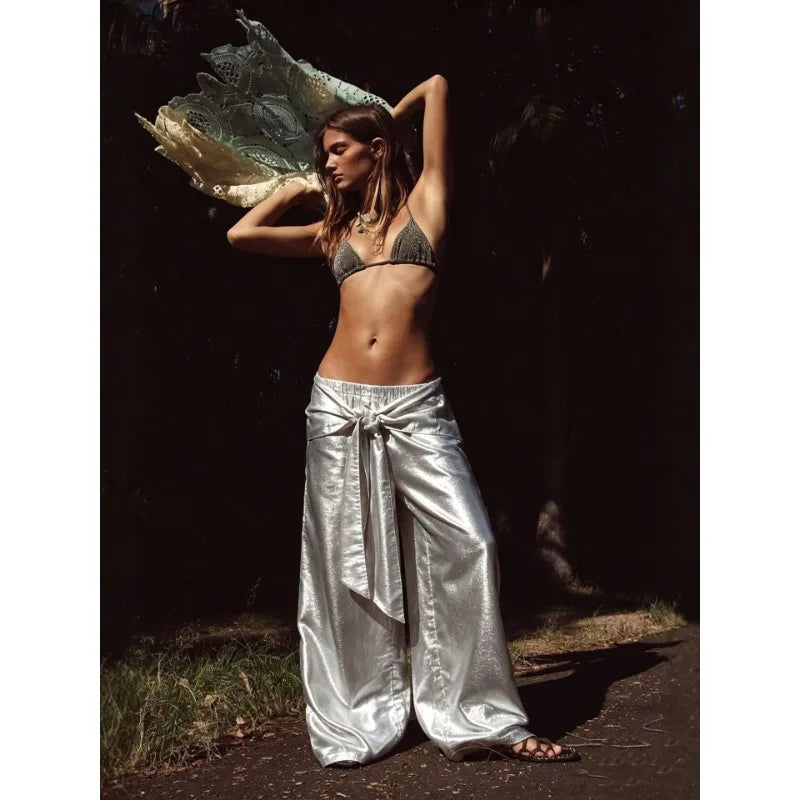 Boca Chica Tie Waist Foil Satin Wide Leg Boho Lazy Casual High Waist Pants