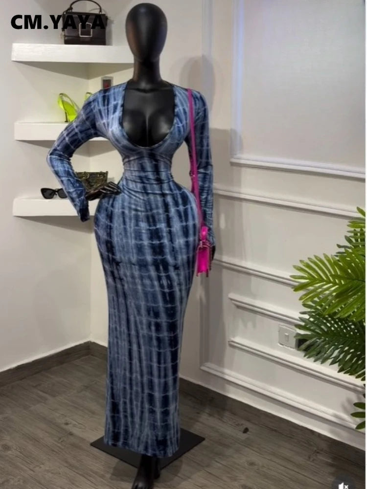 Tie Dye Printed V Neck Long Sleeve Bodycon Maxi Dress