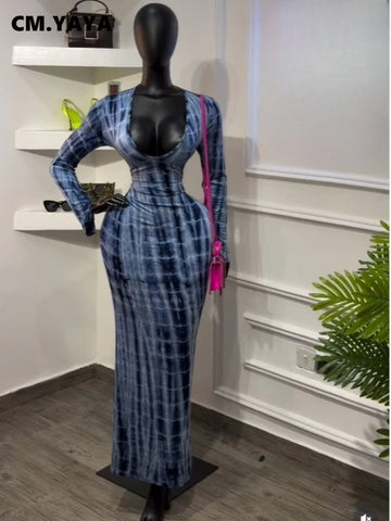 Tie Dye Printed V Neck Long Sleeve Bodycon Maxi Dress