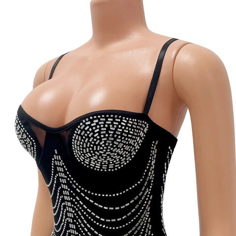 Franklin Township Rhinestone Fringe Glam Mesh Sequins Party Clubwear Mini Dress
