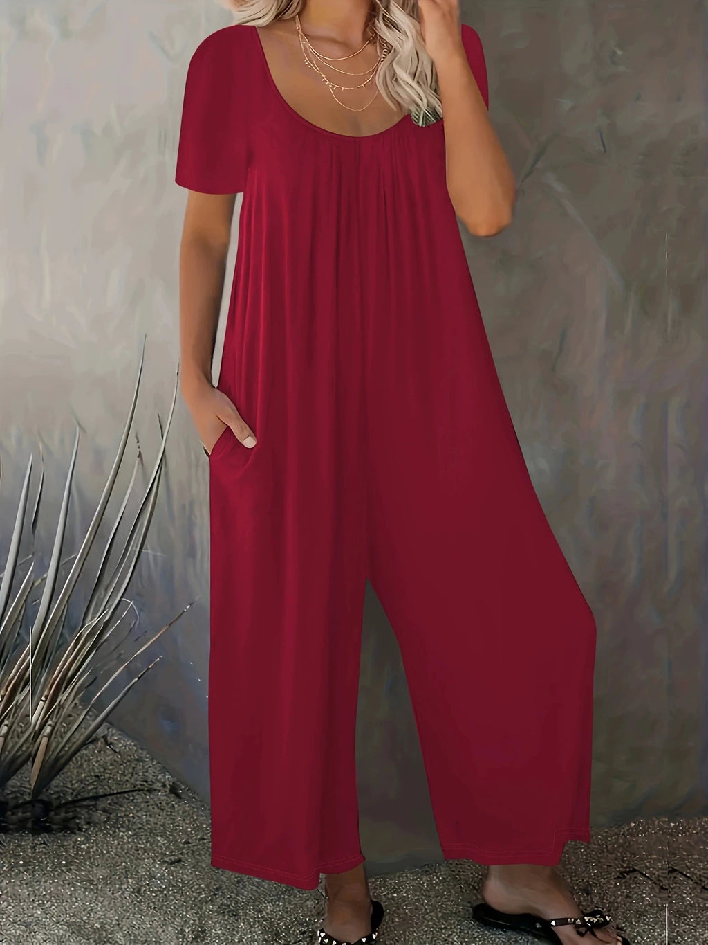 Plus Size Summer Women's Solid Color Jumpsuit with Pockets Casual Fashion