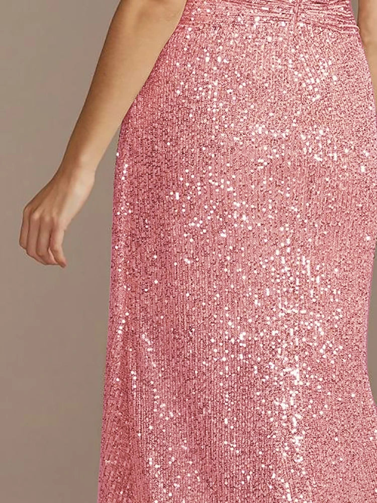 Columbus Luxury Pink Floor Length V Neck Evening Sequin Maxi Dress