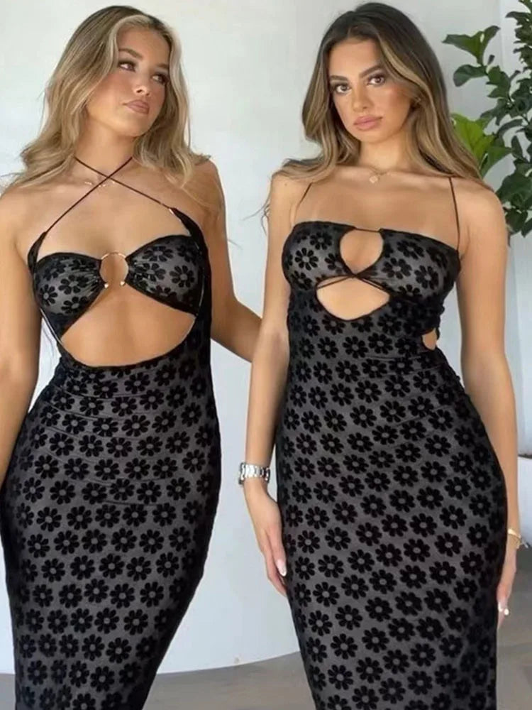 Solid Color Hanging Neck Sexy Hollow Perspective Bag Hips Robe Maxi Dress