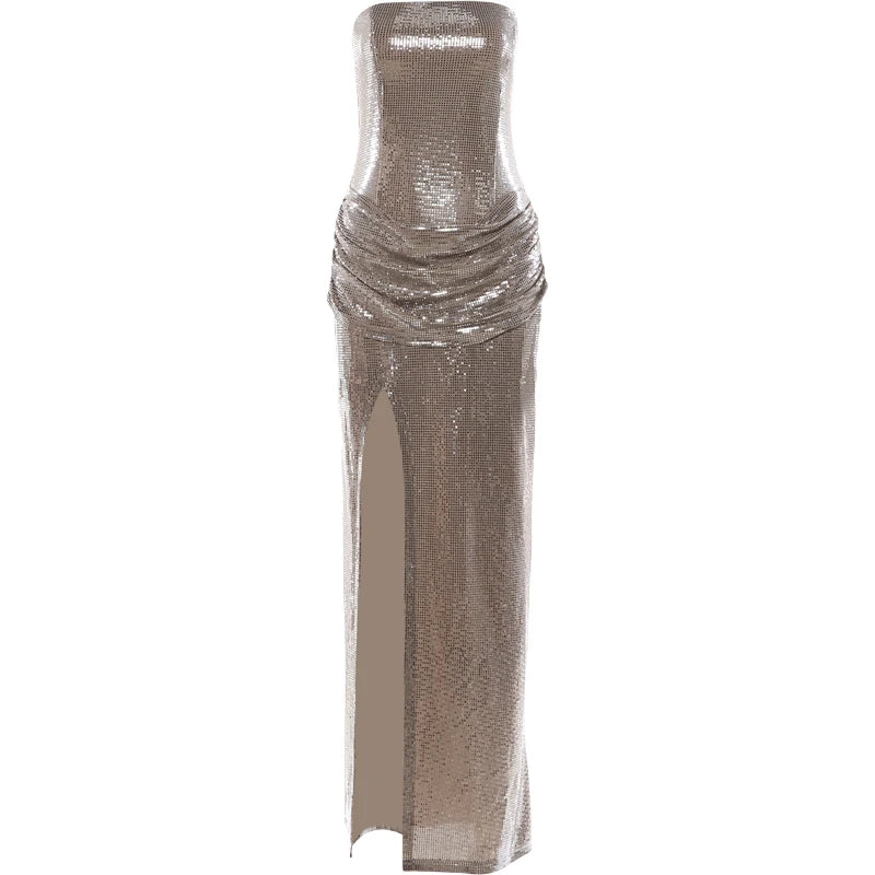 Irlanda Strapless Shiny Sequins Wrap Chest Backless Sleeveless Ruched High Splits Dress