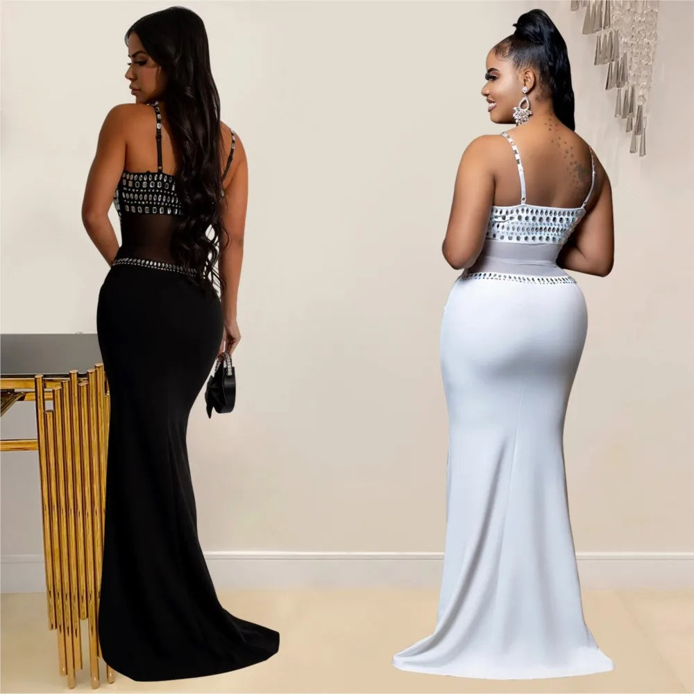 Stamford Diamond Mesh Sexy Transparent Lace Party Elegant Maxi Dress