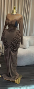 Ocean City Long Sleeve Patchwork Ruched Stacked Lace Up Smock Maxi Long Dress