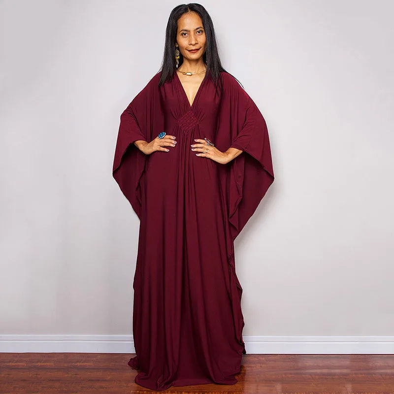 Plaza Plus Size Caftan Solid Color Plus Size Beach V Neck Cover Up Loose Soft Kaftan Dress