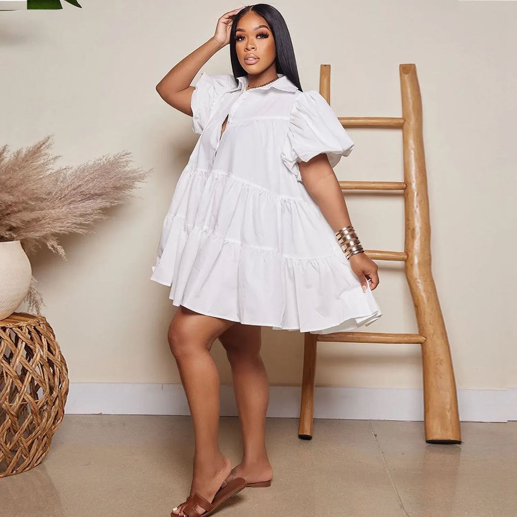 Secaucus Puff Sleeve Single Breasted Lapel Collar Babydoll Street White Big Swing Dress