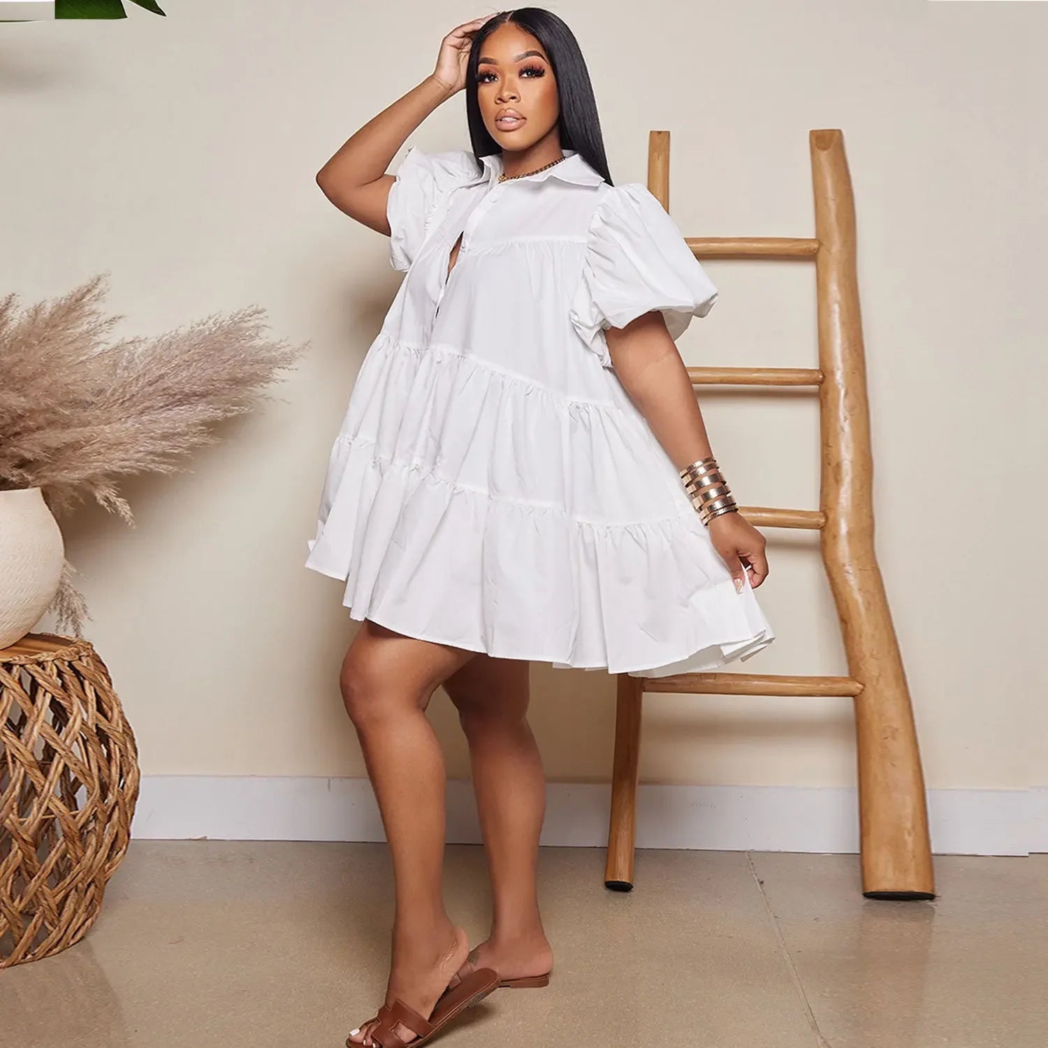 Secaucus Puff Sleeve Single Breasted Lapel Collar Babydoll Street White Big Swing Dress