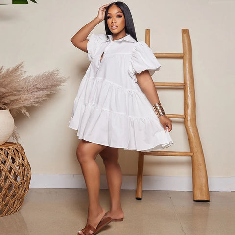 Secaucus Puff Sleeve Single Breasted Lapel Collar Babydoll Street White Big Swing Dress
