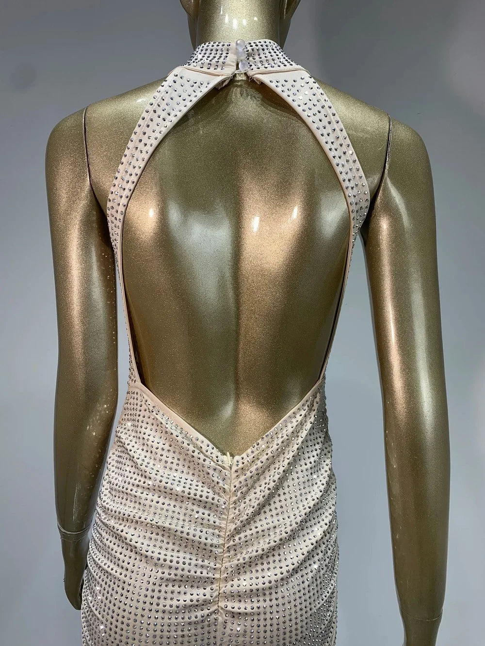Yaphank Sleeveless Diamonds Backless Ruched Beige Maxi Long Dress
