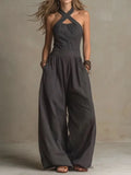 2026 Summer Jumpsuit Solid Color Hanging Neck Elegant Casual Versatile Simple Fashion Comfortable Daily Style Wide Leg Jumpsuit