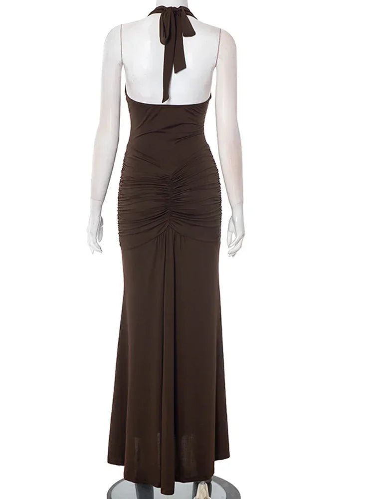 Coney Island Halter Plunging V Neck Ruched Long Straps Maxi Dress