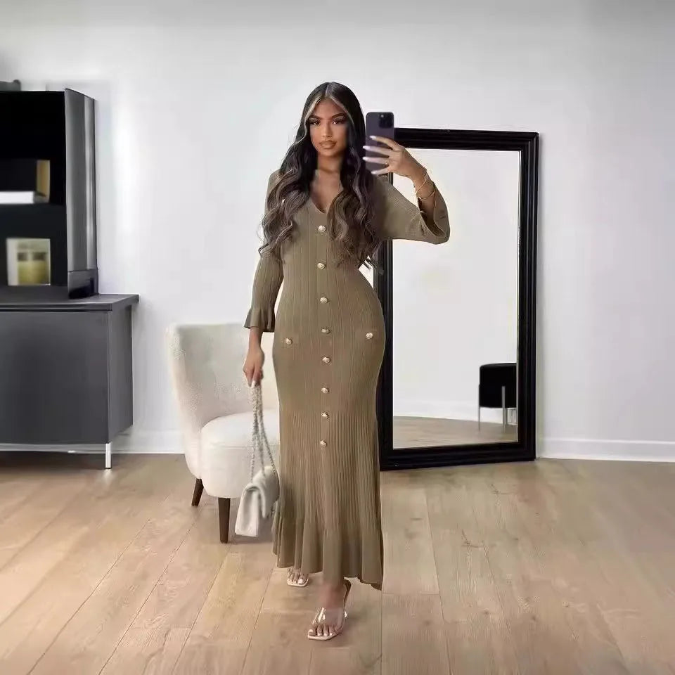 Tennessee Elegant Knitted Fashion V Neck Long Sleeves Slim Buttons Solid Color Long Dress