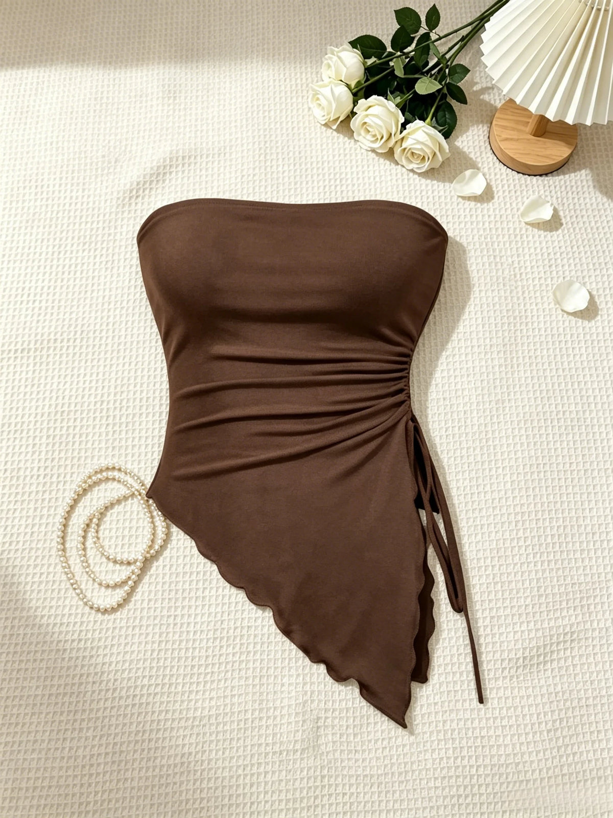 Mia Strapless Side Drawstring Ruffle Hem Two Piece Sets