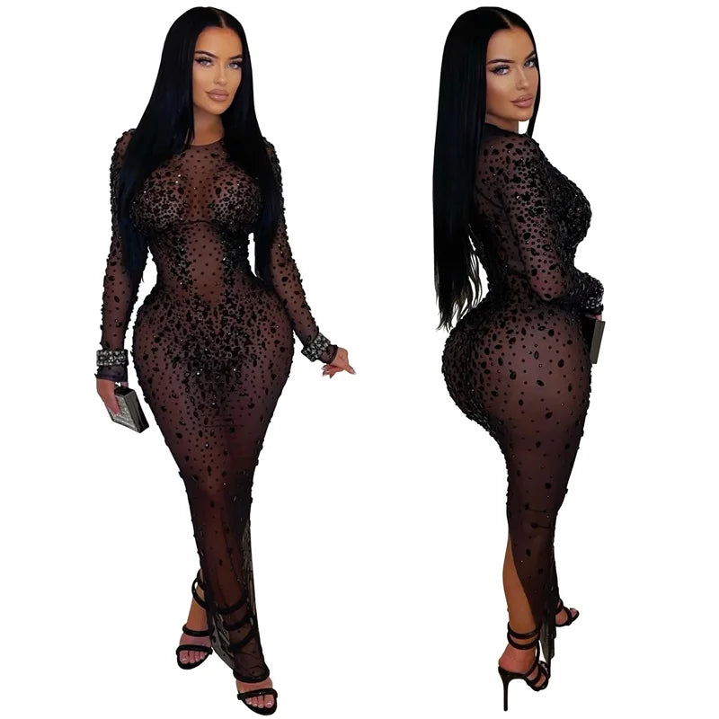 Memphis Mesh See Through Black Rhinestone Luxury Sexy Long Sleeve Bodycon Maxi Dress
