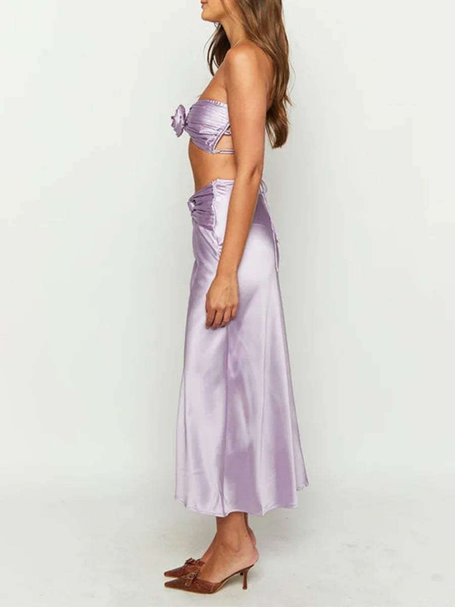 Jamesport Outfits 3D Flowers Ruched Satin Bandeau Partywear Set