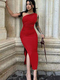 Maxi Sexy Split Black Sleeveless Backless Slim Off Shoulder Club Elegant Party Dresses