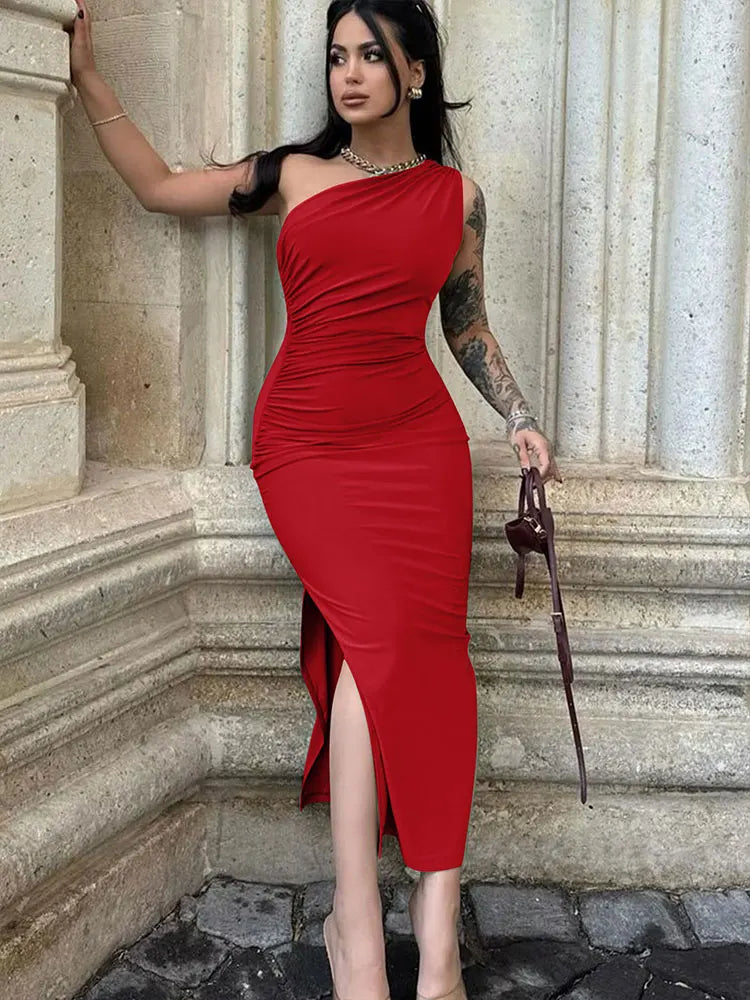Maxi Sexy Split Black Sleeveless Backless Slim Off Shoulder Club Elegant Party Dresses