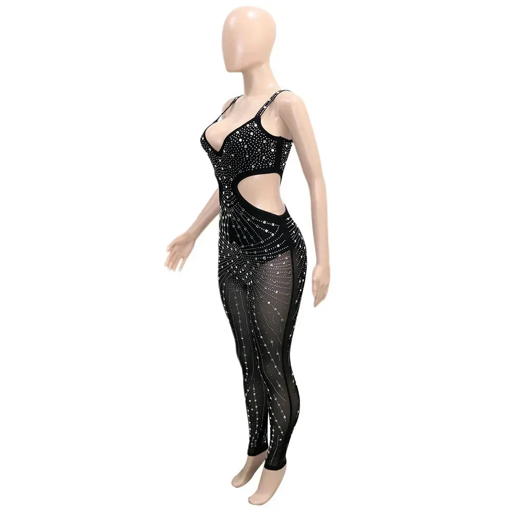 Gramercy Park Fashion Sexy Mesh Perspective Hot Drill Sleeveless Halter Jumpsuit