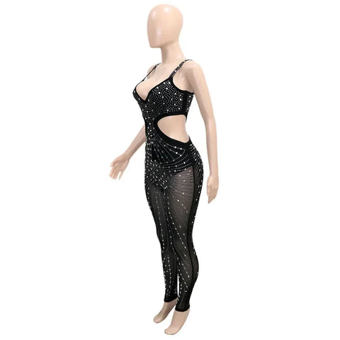 Gramercy Park Fashion Sexy Mesh Perspective Hot Drill Sleeveless Halter Jumpsuit
