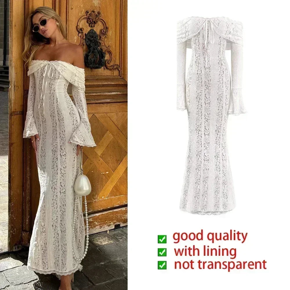 Grafton Suninheart White Evening Long Sleeve Lace Elegant Party Dress