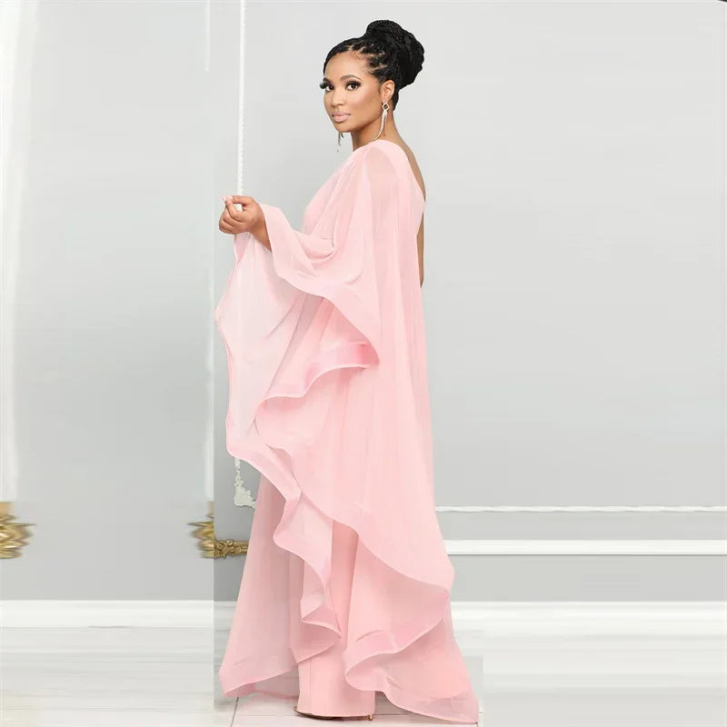 Oldwick Elegant Chiffon One Shoulder Wide Leg Jumpsuit