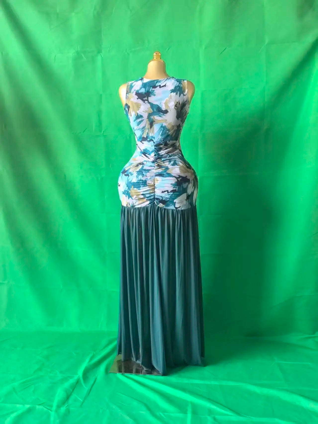 Printed Ruched Stacked Sleeveless Long Maxi Dress