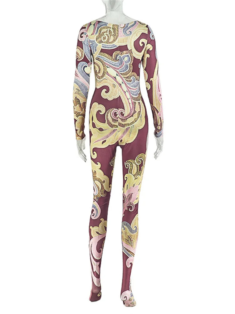 China Town Fashion Art Colorful Print o-Neck Full Sleeve Skinny Peach Jumpsuit