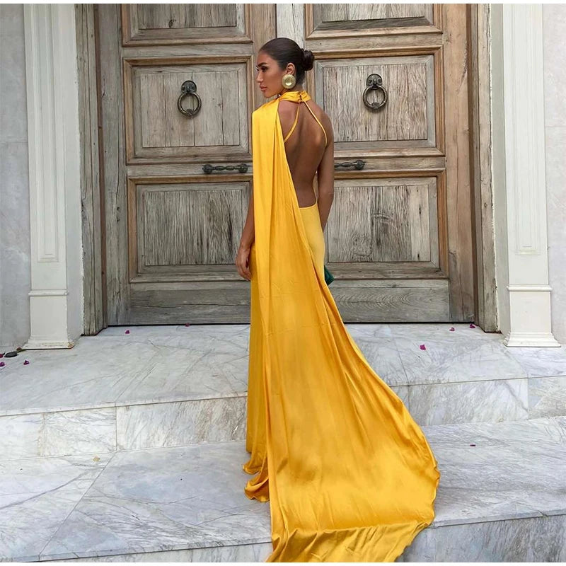 Califon Sexy Satin Ribbon Party Elegant Halter Backless Off Shoulder Sleeveless Maxi Dress