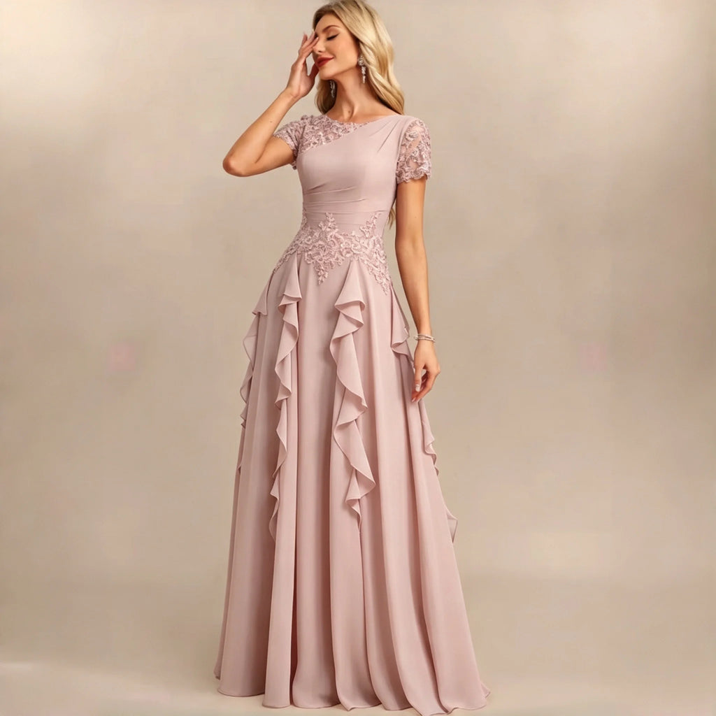 Dumbo Asymmetrical Neck Chiffon Bridesmaid Lace Sleeve Ruched Waist Cascading Dress