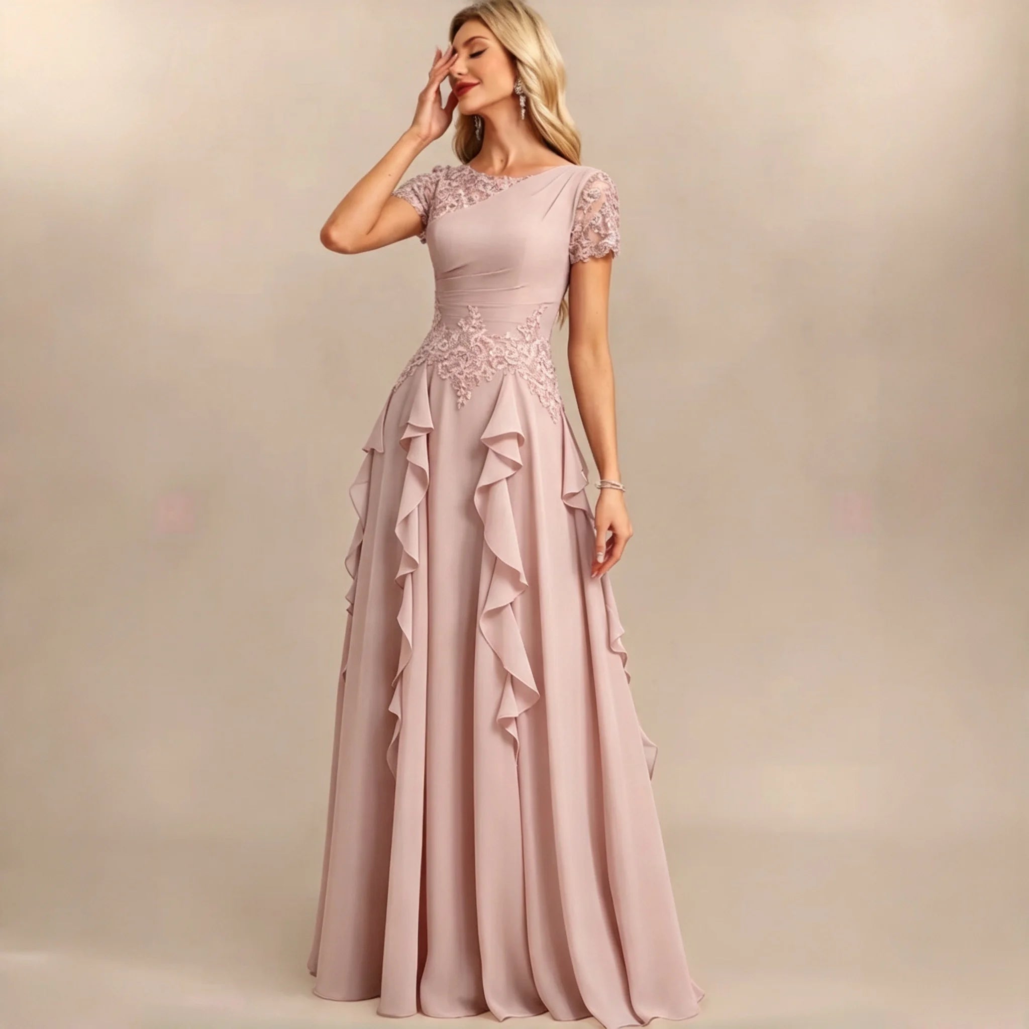 Dumbo Asymmetrical Neck Chiffon Bridesmaid Lace Sleeve Ruched Waist Cascading Dress