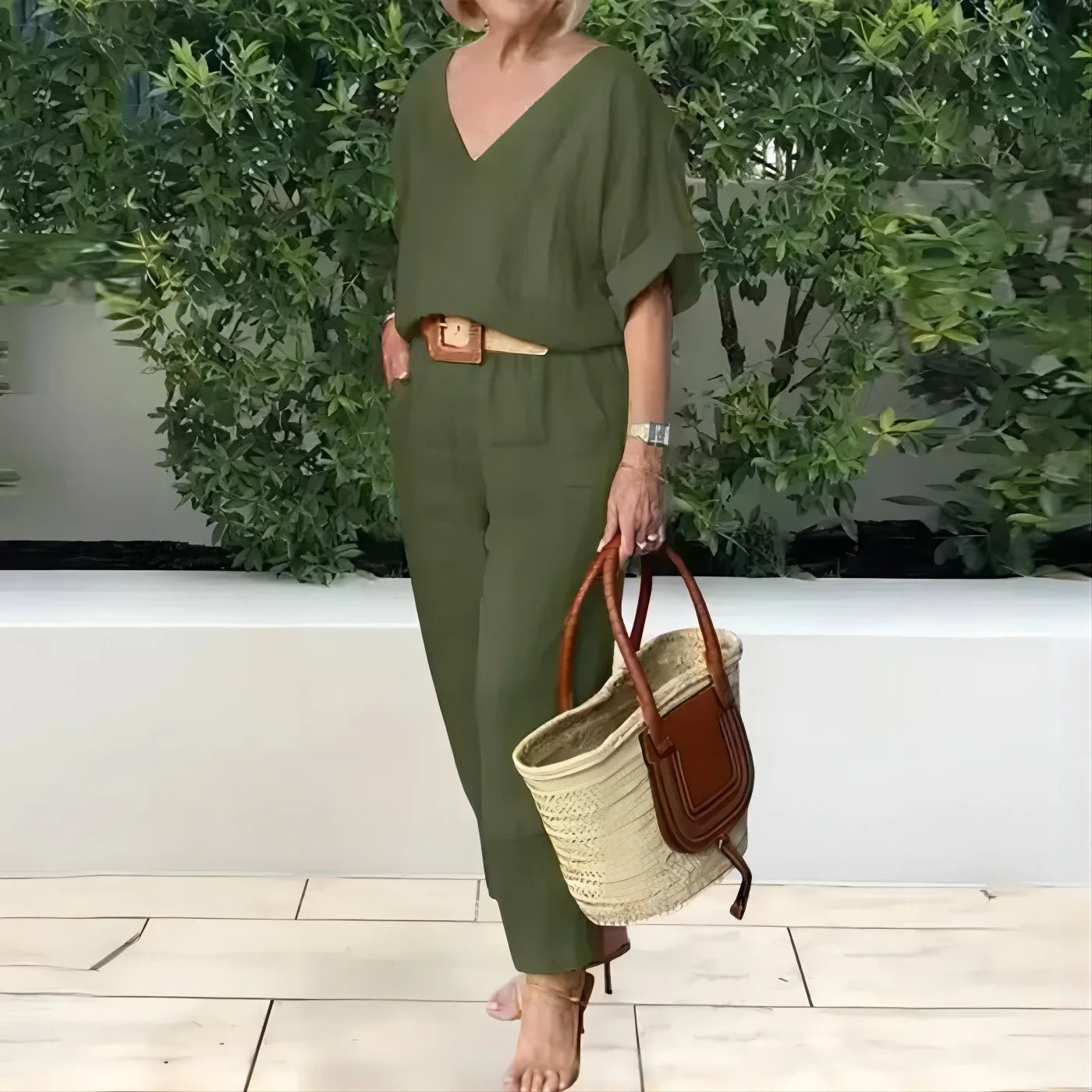 Massena Casual Multi-Color V-Neck Loose Cotton And Linen Matching Sets